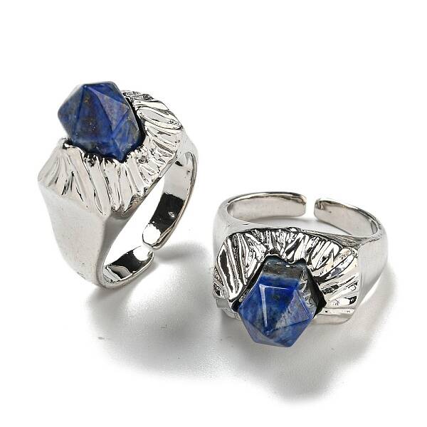 Hexagonal Prism Natural Lapis Lazuli Open Cuff Rings