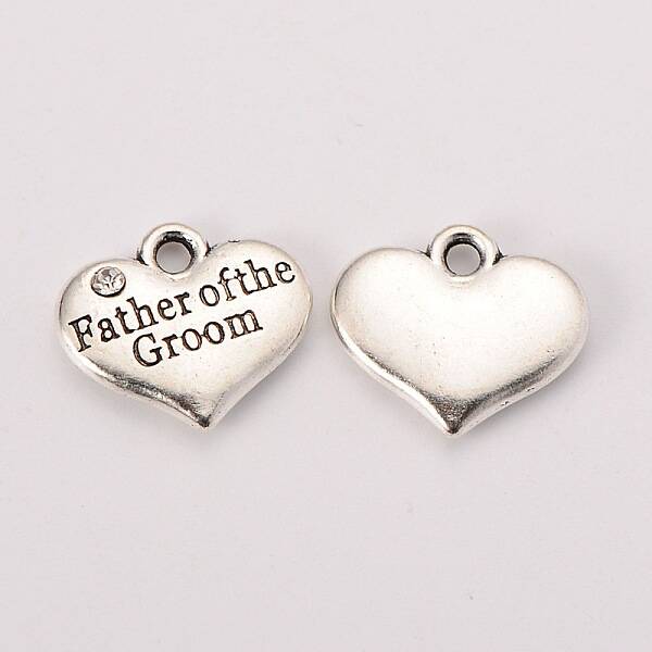 Wedding Theme Antique Silver Tone Tibetan Style Heart with Father of the Groom Rhinestone Charms