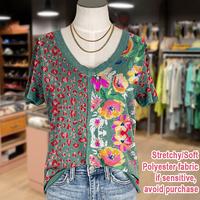 Cherrybetty Women's Leopard Floral Print Short Sleeve V-Neck Top Green Fashion Womenswear Clothes Top vintage graphic tees ca...