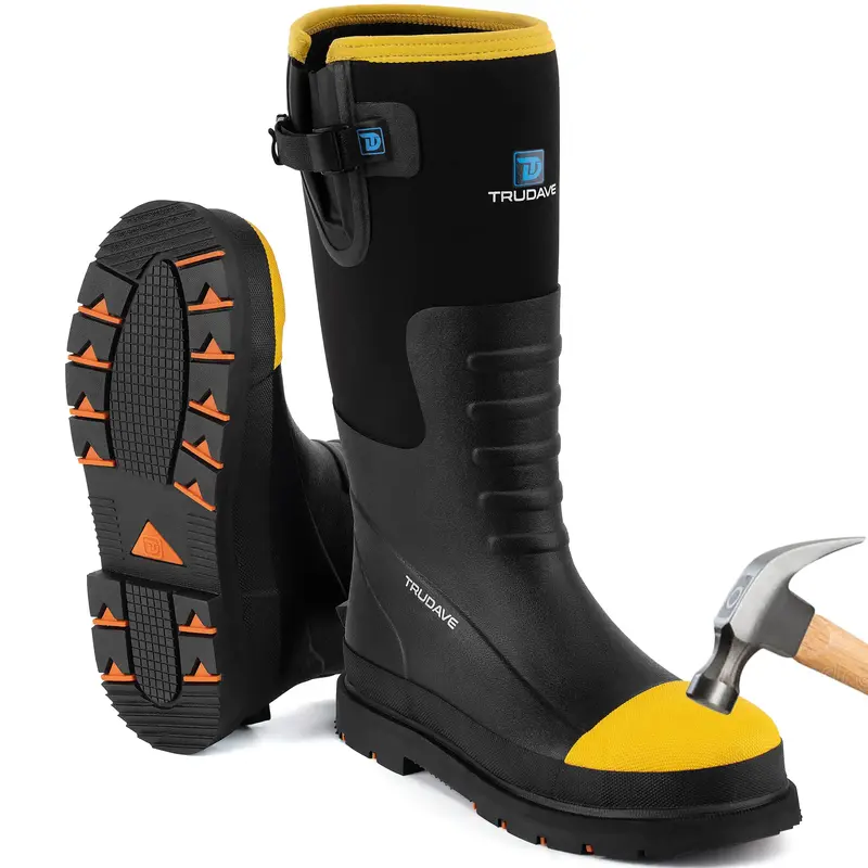 【With steel toe】TruDave Work Boots for Men with Steel Toe & Shank, Waterproof Anti Slip Rain Boots, 6mm Neoprene Outdoor ...
