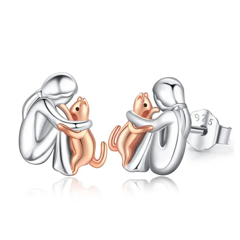 Sterling Silver Two-tone Cat Stud Earrings