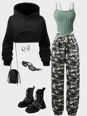 Girl's Plain Hooded Sweatshirt &  Camo Print Pants & Cami Top Set, Casual Fashion Three-piece Set for Spring & Fall, Kids Clo...
