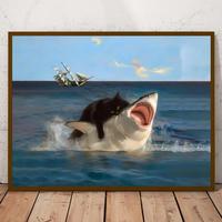 Cat & Shark Pattern Canvas Painting without Frame, 1 Count Funny Wall Art, Wall Decor for Home Living Room Bedroom Study Room