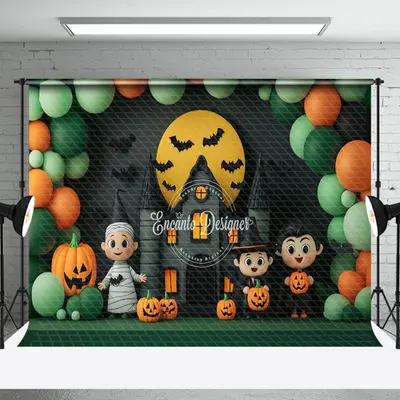 Aperturee Green Orange Balloons Castle Kids Halloween Backdrop - Aperturee