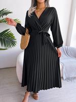 Women's Mean Girls Plain Belted Pleated Wrap Vneck a Line Dress, Elegant Chic Comfort Bishop Sleeve Midi Dress for Spring, La...