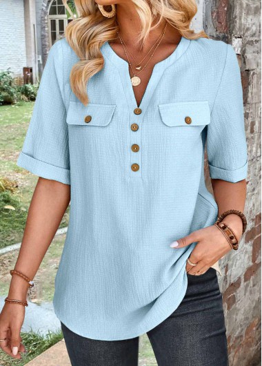 Modlily Light Blue Button Half Sleeve High Neck Blouse - XXL
