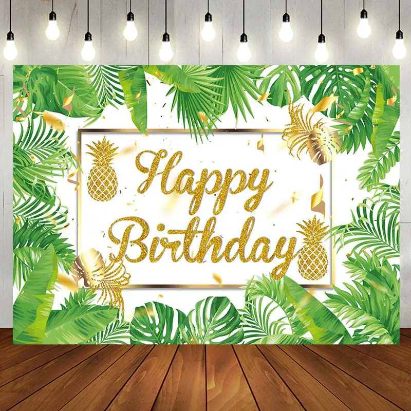 Green Monstera Gold Pineapple Backdrop For Birthday - Aperturee
