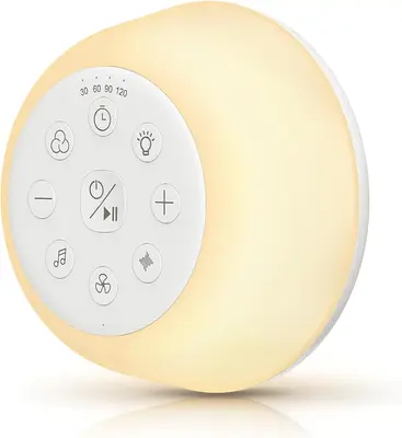 Rechargeable White Noise Machine with  Night Light, 4 Levels Brightness/5 Timers/32 Levels Volume for Home, Travel, Gift