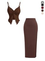 Two-Piece Set Women's Solid Twist Front Crop Top & Split Hem Skirt Set, Casual Fashion Cozy Two-piece Outfits for Daily Outdo...