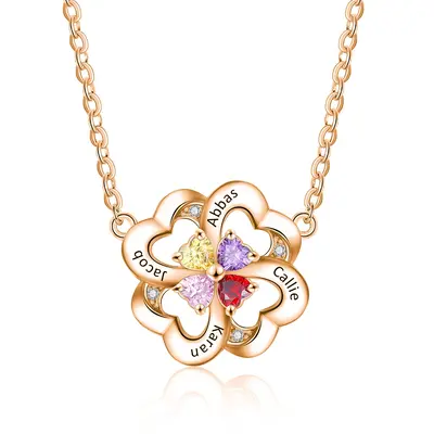 14K Gold Cubic Zirconia Personalised Birthstone Engraving Four Leaf Clover Pendant Necklace For Women