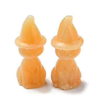 Natural Topaz Jade Carved Healing Cat with Witch Hat Figurines