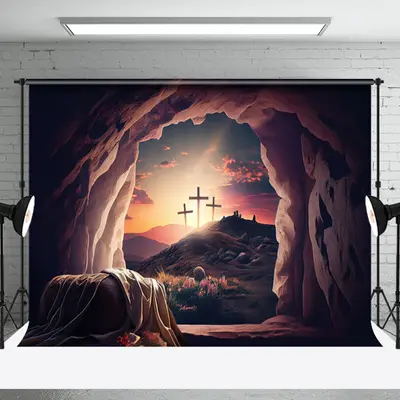 Aperturee Grave Scene Sunrise Cross Rebirth Easter Backdrop, 3X2FT(1MX0.6M), 14 USD, easter backdrops, NYHD6I19-M