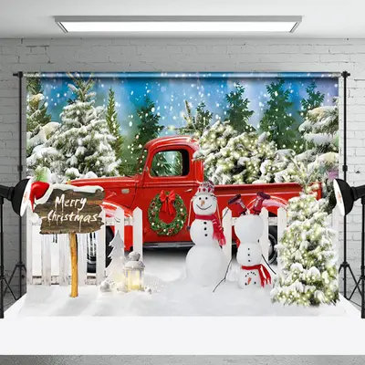Aperturee Snowy Pine Tree Forest Red Truck Christmas Backdrop - Aperturee