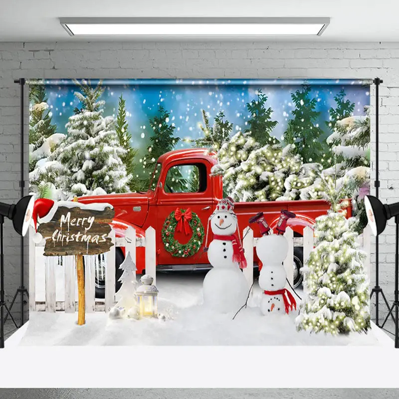Aperturee Snowy Pine Tree Forest Red Truck Christmas Backdrop - Aperturee