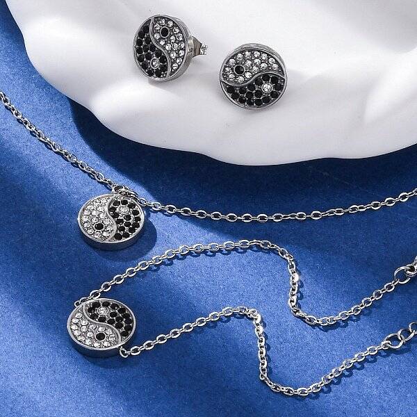 Yin-yang 304 Stainless Steel Rhinestone Pendant Necklaces & Bracelets & Stud Earrings Sets for Women