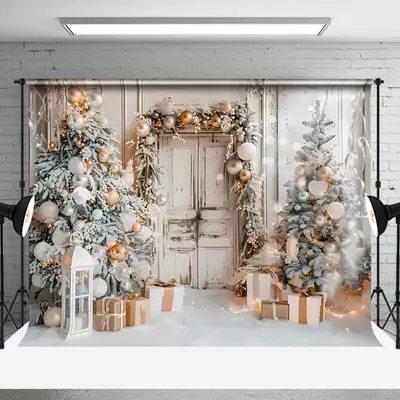 Aperturee White Interior Christmas Tree Wooden Door Backdrop