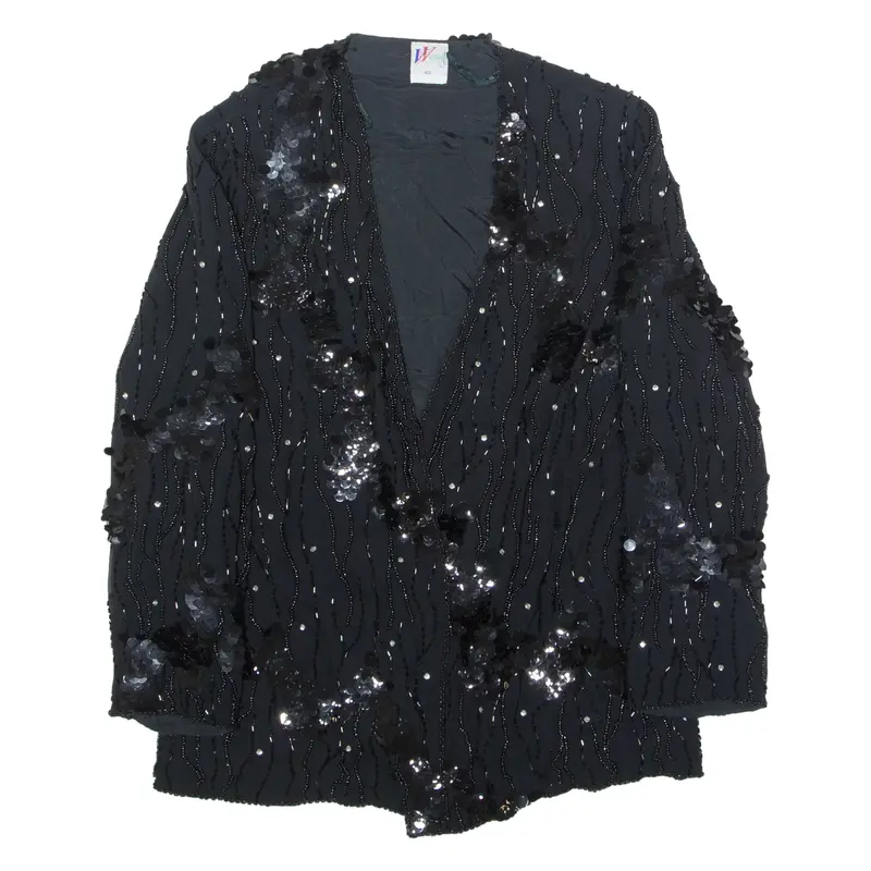 VISION Sequined Womens Blazer Jacket Black Silk 90s UK 14
