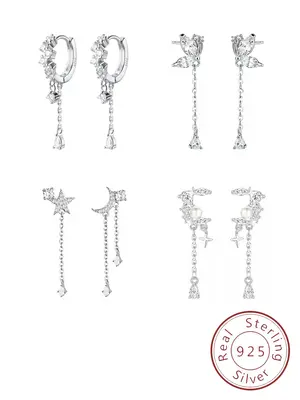 925 Sterling Silver Cute Butterfly & Star & Moon Design Dangle Earrings, Fashionable Earrings for Women, Trendy All-match & E...