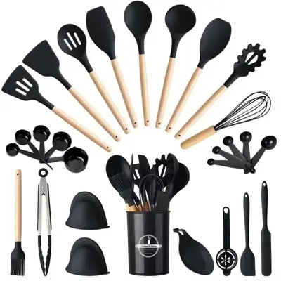 Cookware Set, Silicone Cooking Utensils Set, Including Spatula, Cooking Shovel, Spoon, Whisk, Colander, Summer Light Wooden H...