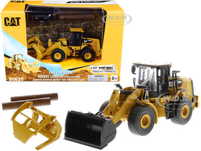 CAT Caterpillar 950M Wheel Loader with Bucket and Log Fork with Two Log Poles Play & Collect! 1/64 Diecast Model by Diecast M...