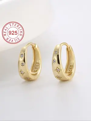S925 Sterling Silver Hoop Earrings, Fashionable Star Engrave Rhinestone Decor Earrings for Women, Trendy All-match & Exquisit...