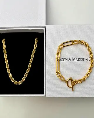 18K Gold Rope Chain Necklace Bracelet Bundle Set