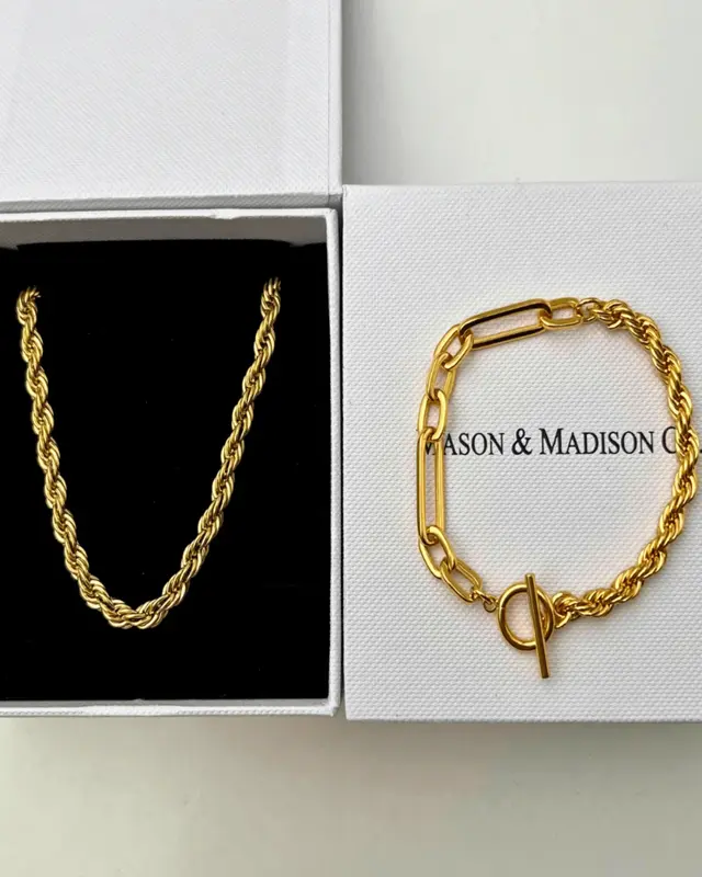 18K Gold Rope Chain Necklace Bracelet Bundle Set