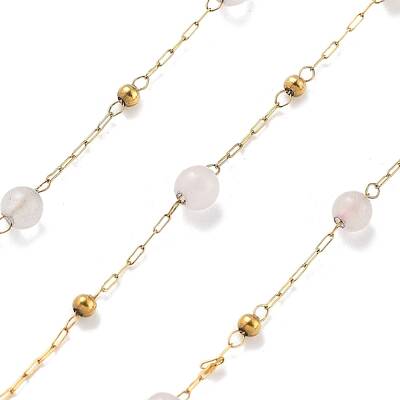 Natural Rose Quartz & 304 Stainless Steel Beads Link Chains