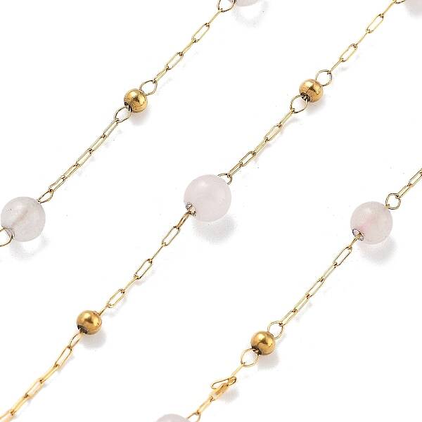 Natural Rose Quartz & 304 Stainless Steel Beads Link Chains