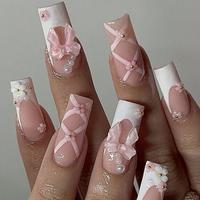 Bow Decor Fake Nails with Nail File & Tape, 24pcs French Style Press on Nails for Women & Girls DIY Nail Art, Elegant Stick o...