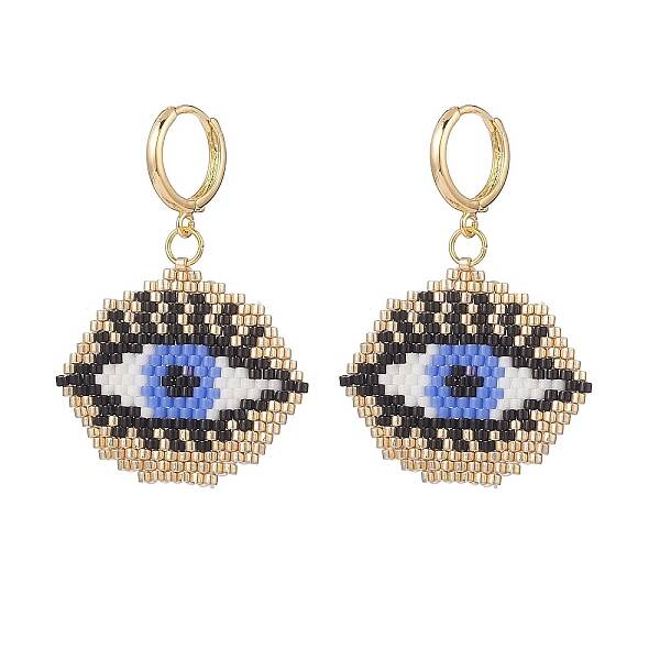 Glass Seed Braided Horse Eye Dangle Hoop Earrings