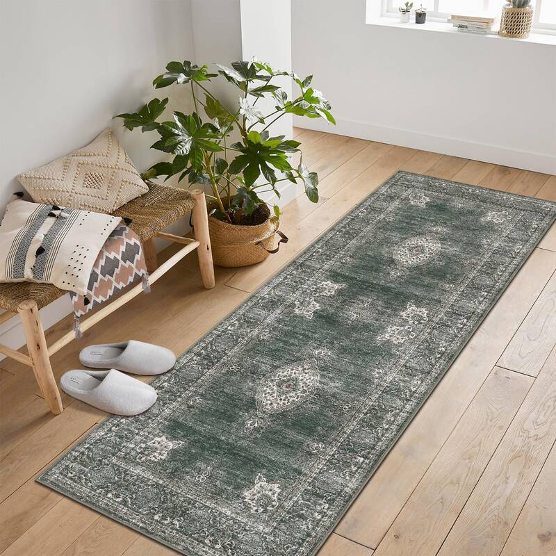 Garvee Floral Vintage Area Rug Soft Non-Slip Machine Washable Distressed Vintage Brown 2x6ft Living Room Bedroom Dining