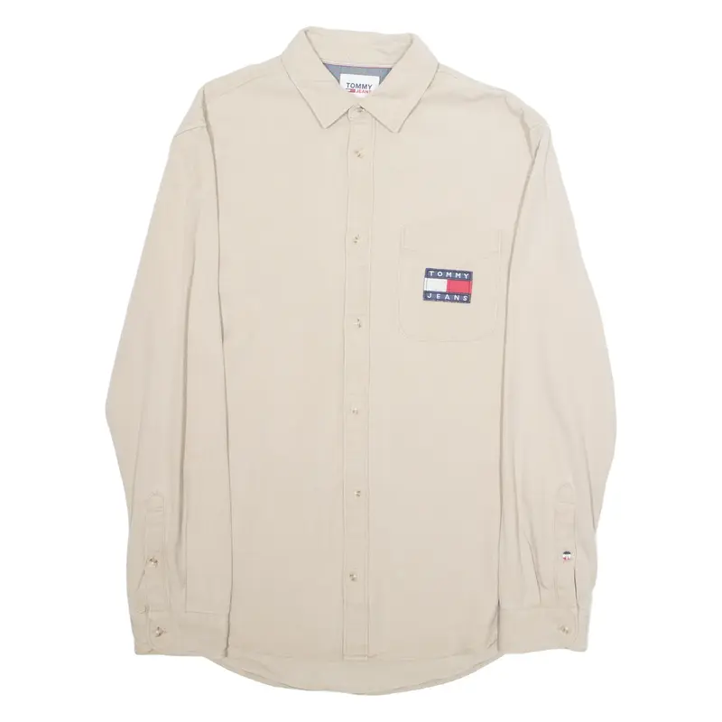 TOMMY HILFIGER Mens Plain Shirt Beige Long Sleeve S