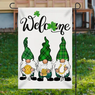 Welcome Green Clover Gnome Christmas Garden Flag - Aperturee