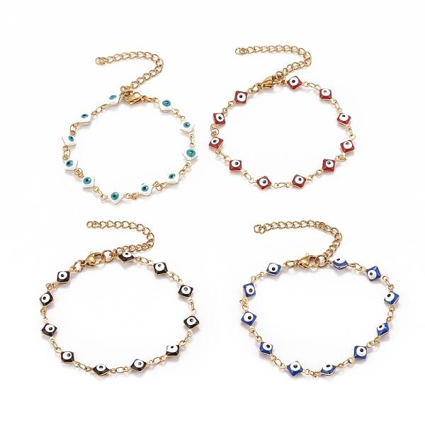 Enamel Rhombus with Evil Eye Link Chains Bracelet