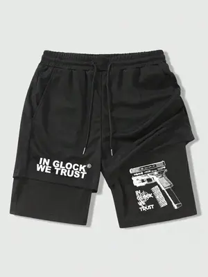 Men's Regular Fit Letter & Gun Print 2 in 1 Drawstring Waist Shorts, Casual Pocket Track Shorts for Summer, Fashion Men's Bot...