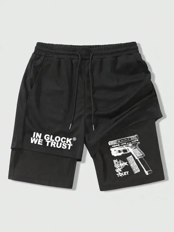 Men's Regular Fit Letter & Gun Print 2 in 1 Drawstring Waist Shorts, Casual Pocket Track Shorts for Summer, Fashion Men's Bot...