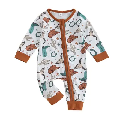 Western Baby Boy Girl Cowboy Clothes Neutral Zipped Fall Romper Outfit for Boy Girl Infant Lapel Cow Print  Jumpsuit