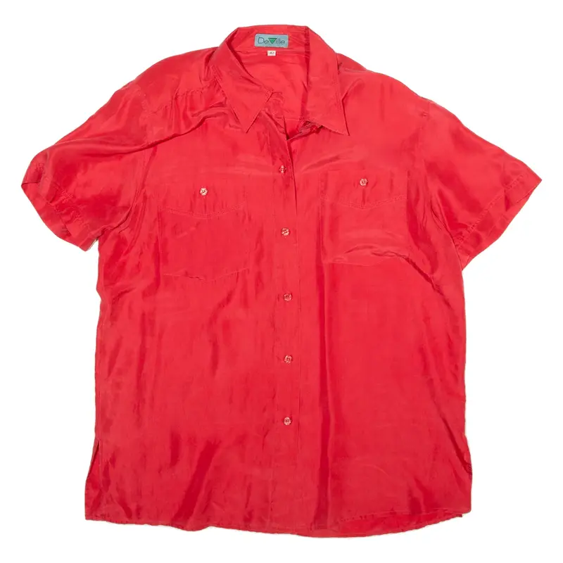 DEVILLE Padded Shoulders Plain Shirt Red Silk Short Sleeve Womens M
