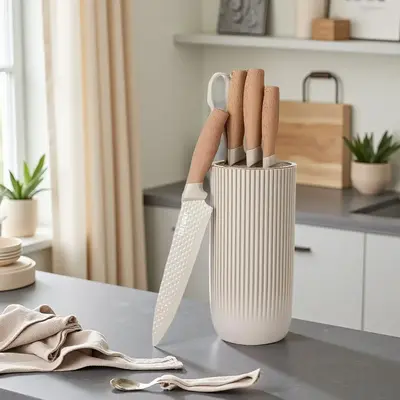 Knife Set, 6-Piece Khaki Professional Kitchen Knife Set for Chef, Super Sharp Knife Set with Universal Knife Block, Anti-Rust...