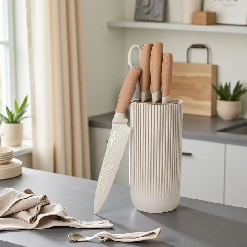 Knife Set, 6-Piece Khaki Professional Kitchen Knife Set for Chef, Super Sharp Knife Set with Universal Knife Block, Anti-Rust...