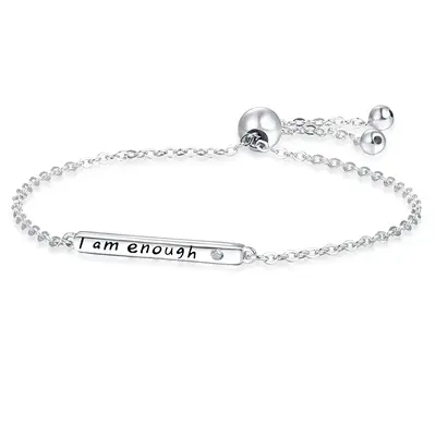 Sterling Silver Circular Shaped Cubic Zirconia Bar Charm Bracelet with Engraved Word