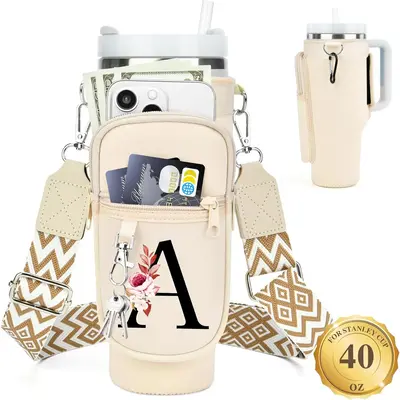 LOKASS Initial A-Z Water Bottle Carrier Bag for Stanley 40 oz Tumbler Neoprene with Phone Pocket, Adjustable Strap, Carabiner...