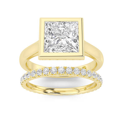Secret Kiss Lab Grown Princess Cut Diamond Engagement Ring with the Envoi Wedding Band | 14K Yellow Gold 2 ct. tw.