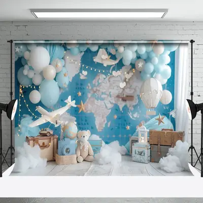 Aperturee Blue Globe Map Wall Balloon Bear Cake Smash Backdrop, 3X2FT(1MX0.6M), 14 USD, birthday cake smash backdrops, NYHD2I...