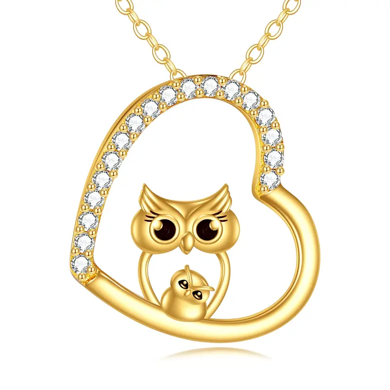 14K Gold Cubic Zirconia Owl & Heart Pendant Necklace