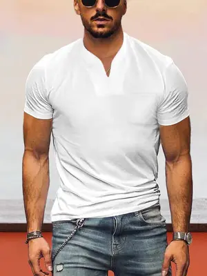 Loose Fit V-neck Short Sleeves T-shirt, White / XXXL