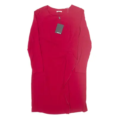PAULE KA Ruched Sheath Dress Red Wool Long Sleeve Midi Womens UK 14