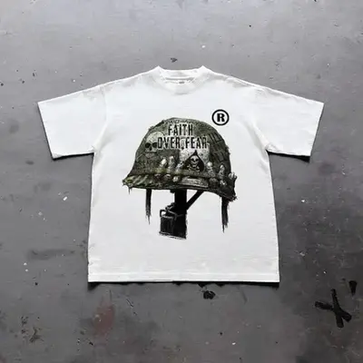 War Helmet Faith Over Fear Graphic Print Cotton T-Shirt, grunge y2k emo scene tapout goth amity affliction style clothes, Uni...
