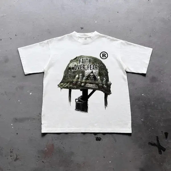 War Helmet Faith Over Fear Graphic Print Cotton T-Shirt, grunge y2k emo scene tapout goth amity affliction style clothes, Uni...